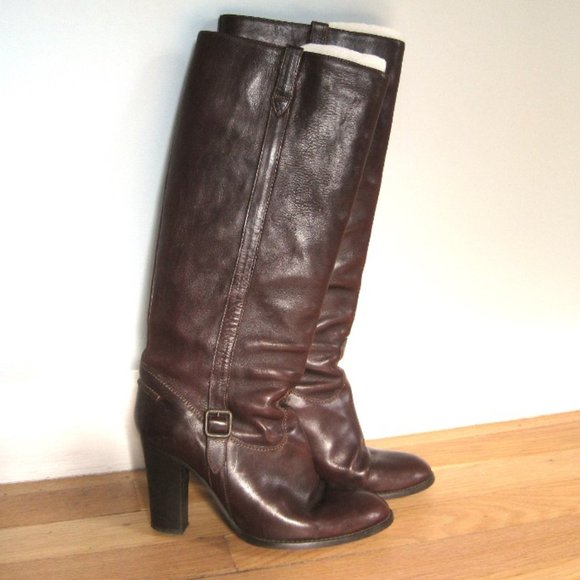 J. Crew Tall Brown Italian Leather High Heel Boots Size 7.5 #86193 Pull-On - Picture 1 of 9
